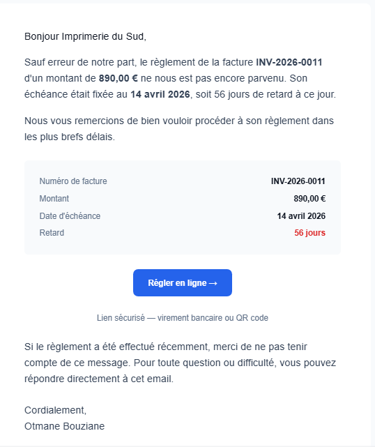Email de relance · Depuis votre adresse