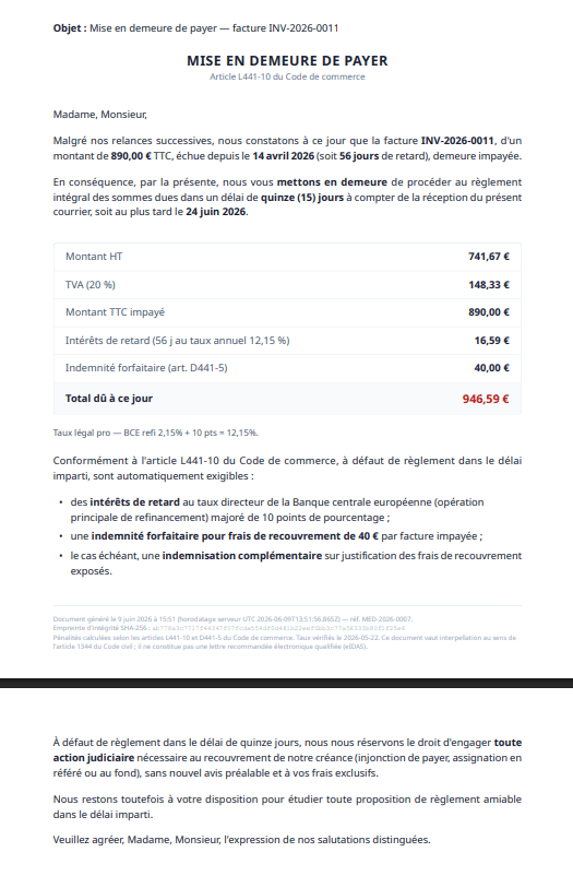 Mise en demeure · Générée en 1 clic